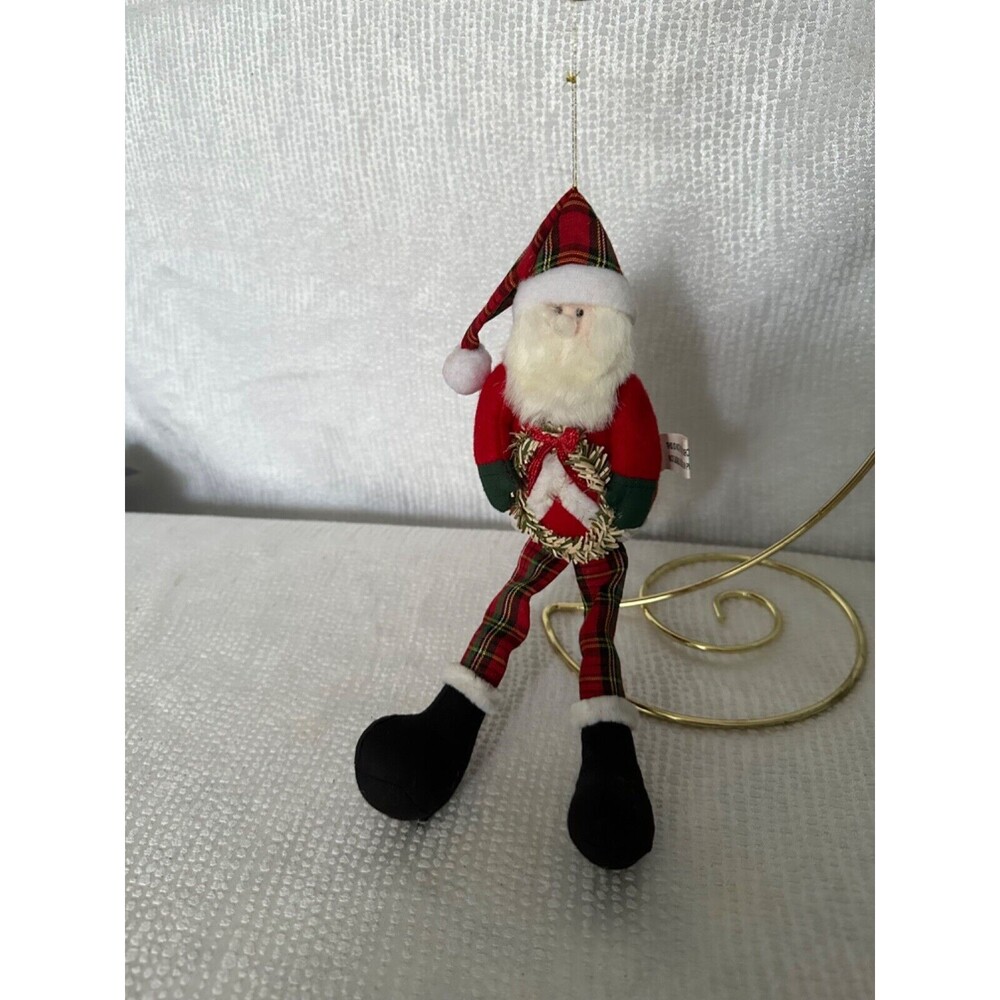 Adorable Santa ( cloth, stuffed)with faux white beard & wreath, can sit or hang